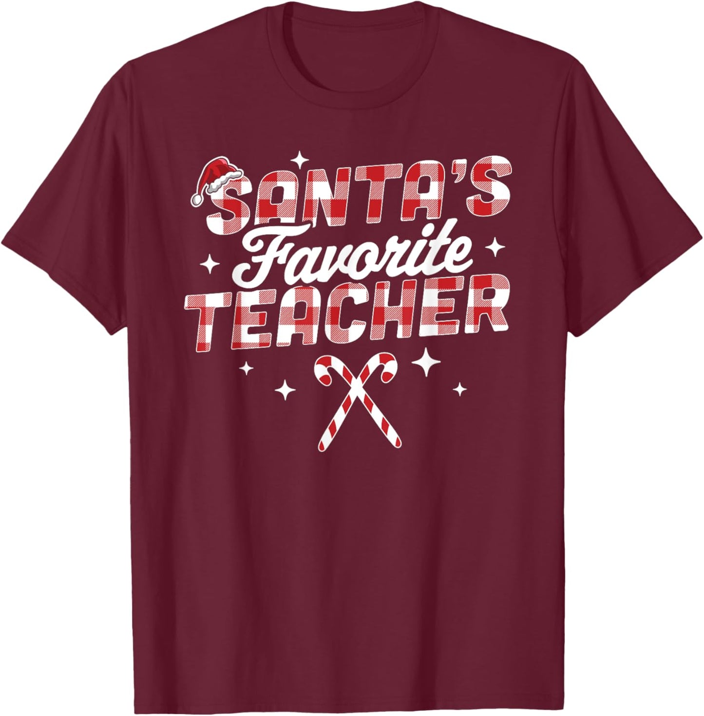 Santa's Favorite Teacher Christmas Santa Hat Candy Cane Xmas T-Shirt - T-Shirt | Maroon