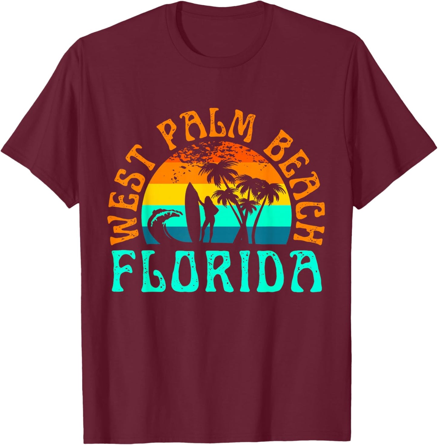 West Palm Beach Florida Surfing Beach Ocean Waves Surf Retro Men Women Kids T-Shirt - T-Shirt | Maroon