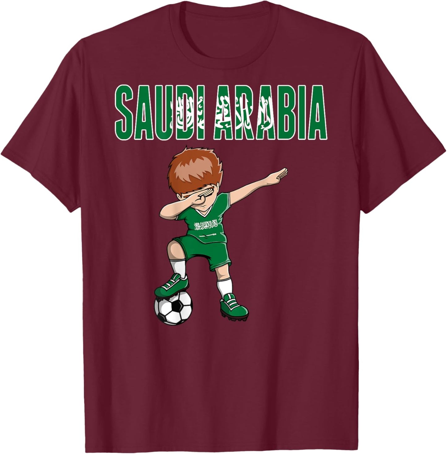 Dabbing Soccer Boy Saudi Arabia Soccer Fan Jersey Saudi Flag T-Shirt - T-Shirt | Maroon