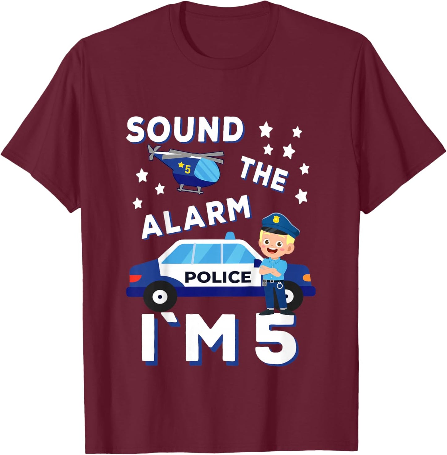 Birthday Police Fire Emergency Vehicles Kids Gifts Kids Police Car 5th Birthday Party Boys T-Shirt - T-Shirt | Maroon