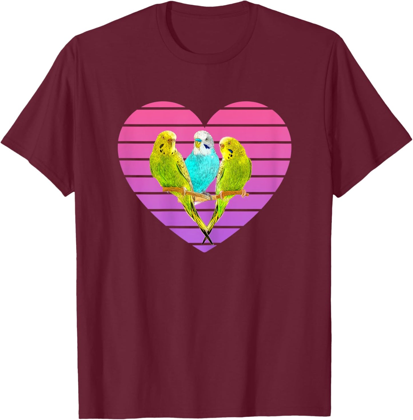 Three Parakeets Inside a Retro Sunset Style Heart T-Shirt - T-Shirt | Maroon