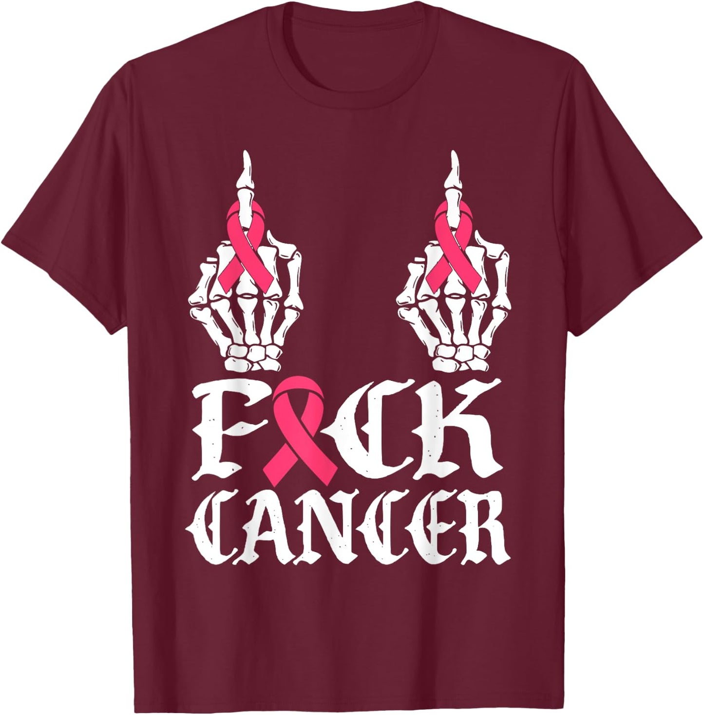 Fuck Cancer Skull and Crossbones Skeleton Breast Cancer T-Shirt - T-Shirt | Maroon