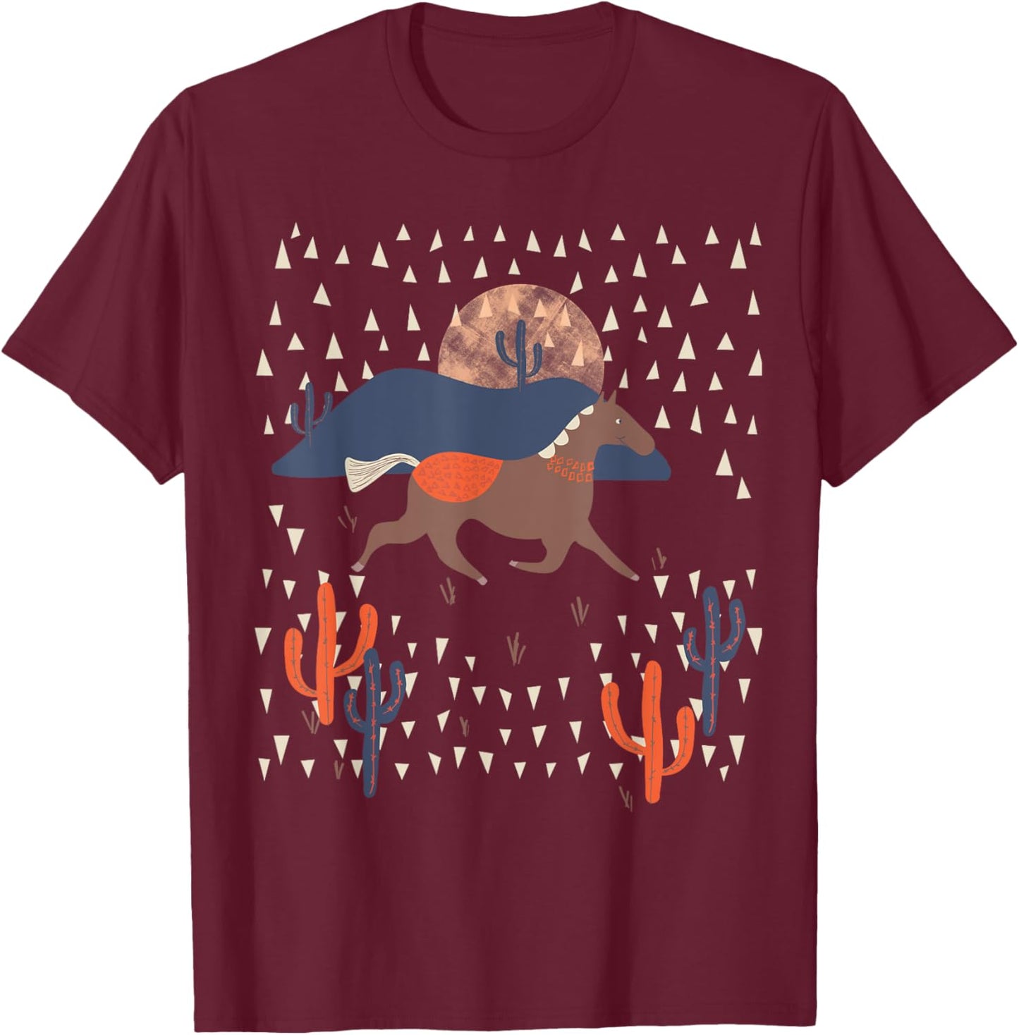 PowWow Wild West Horse Indian Cactus Indian Tribe Desert T-Shirt - T-Shirt | Maroon