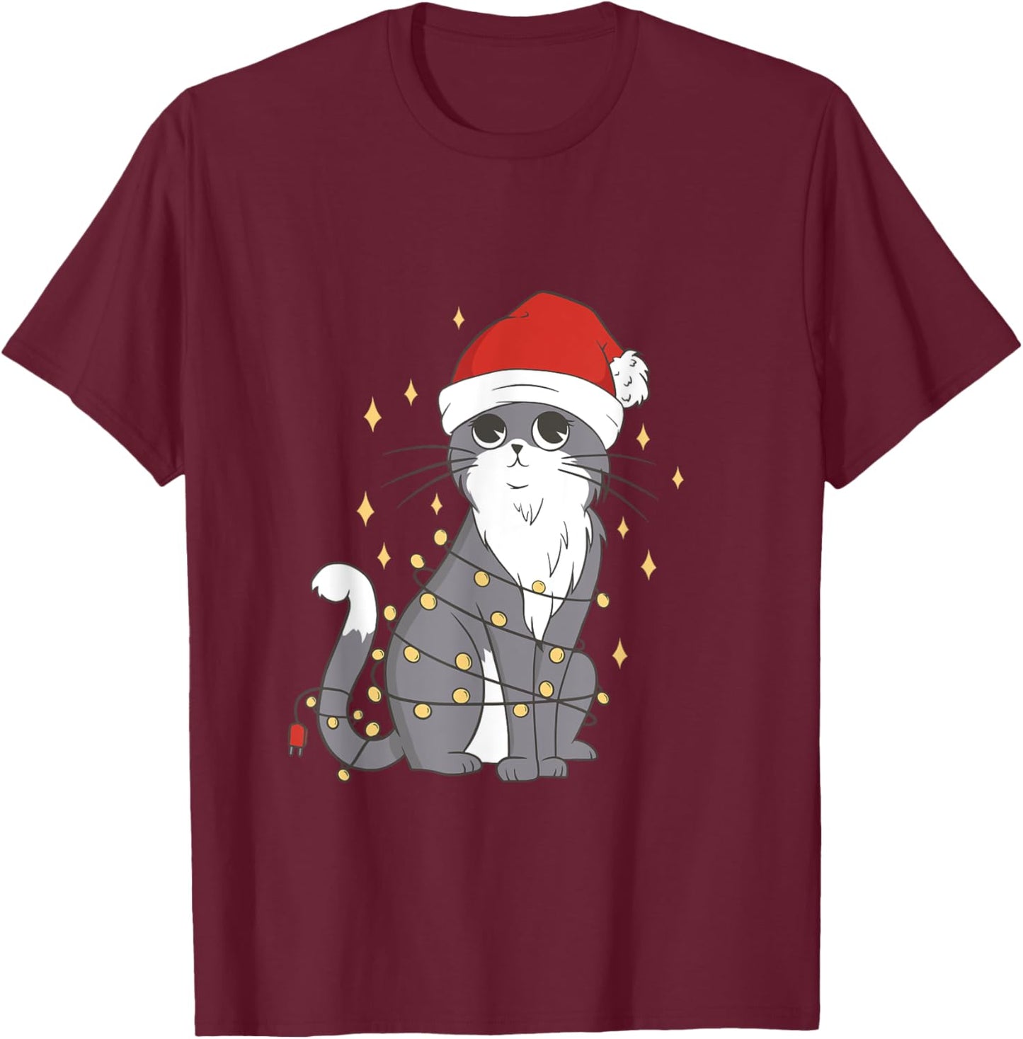 Cat Christmas Hat Christmas Lights Cute Cat Christmas Women Girls Kids T-Shirt - T-Shirt | Maroon