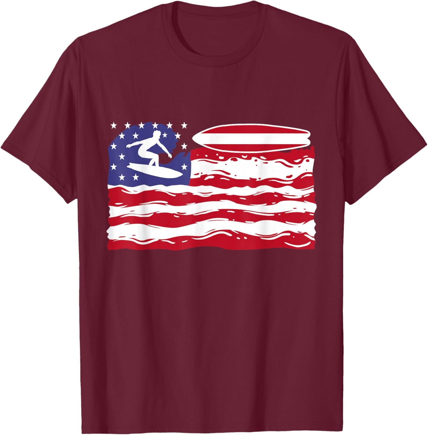 Surfboard USA Flag Patriotic Surfing Surfer T-Shirt - T-Shirt | Maroon