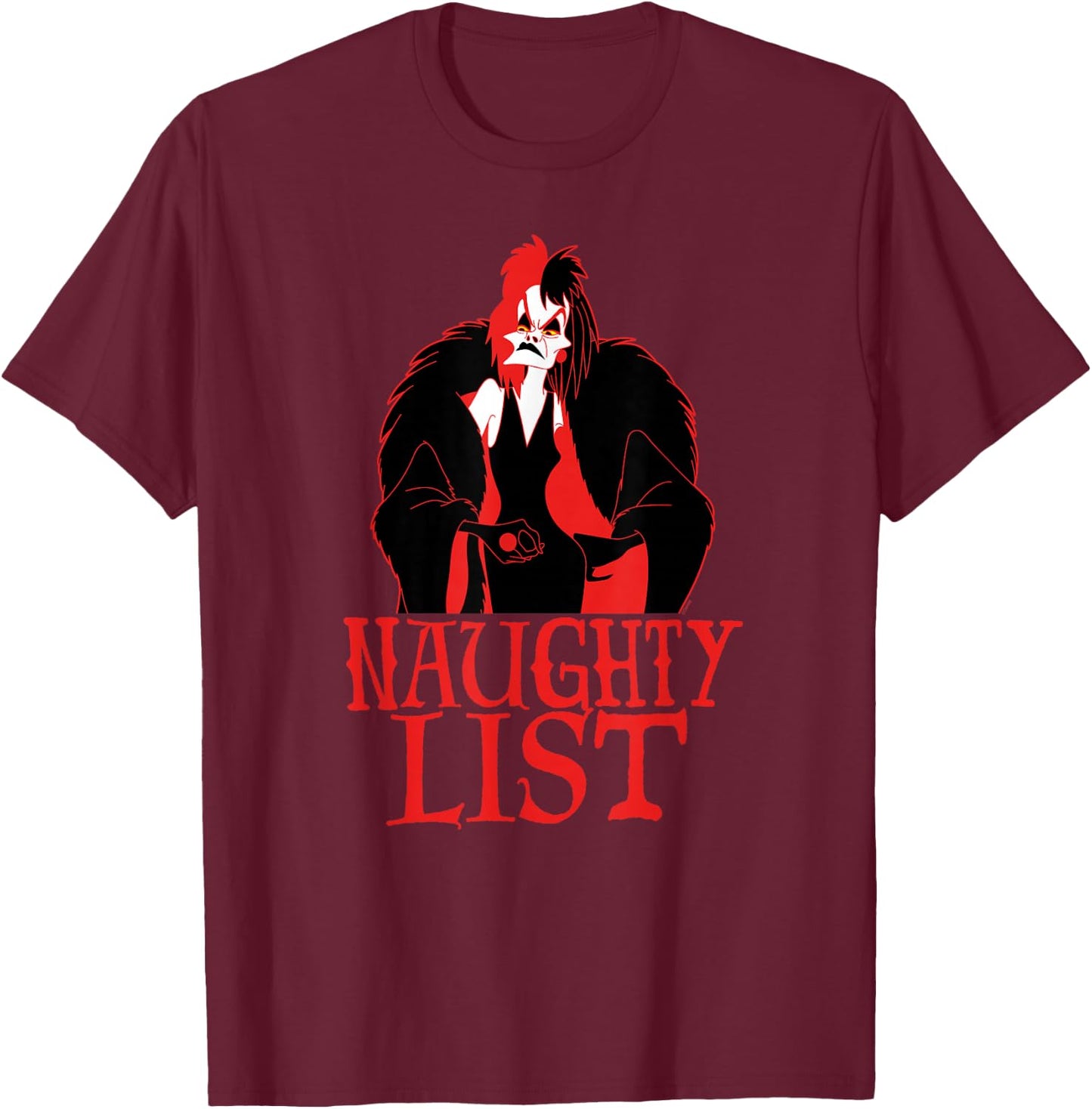 Disney Villains Holiday Christmas Cruella Naughty List T-Shirt - T-Shirt | Maroon
