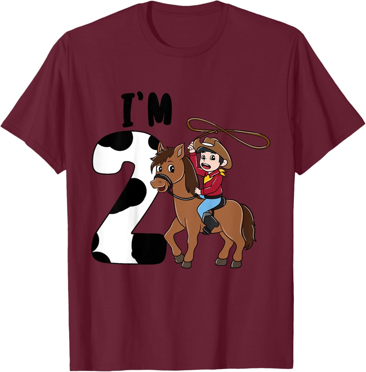 Kids I'm 2 Cute Horse Riding Cowboy 2nd Birthday Boys T-Shirt - T-Shirt | Maroon