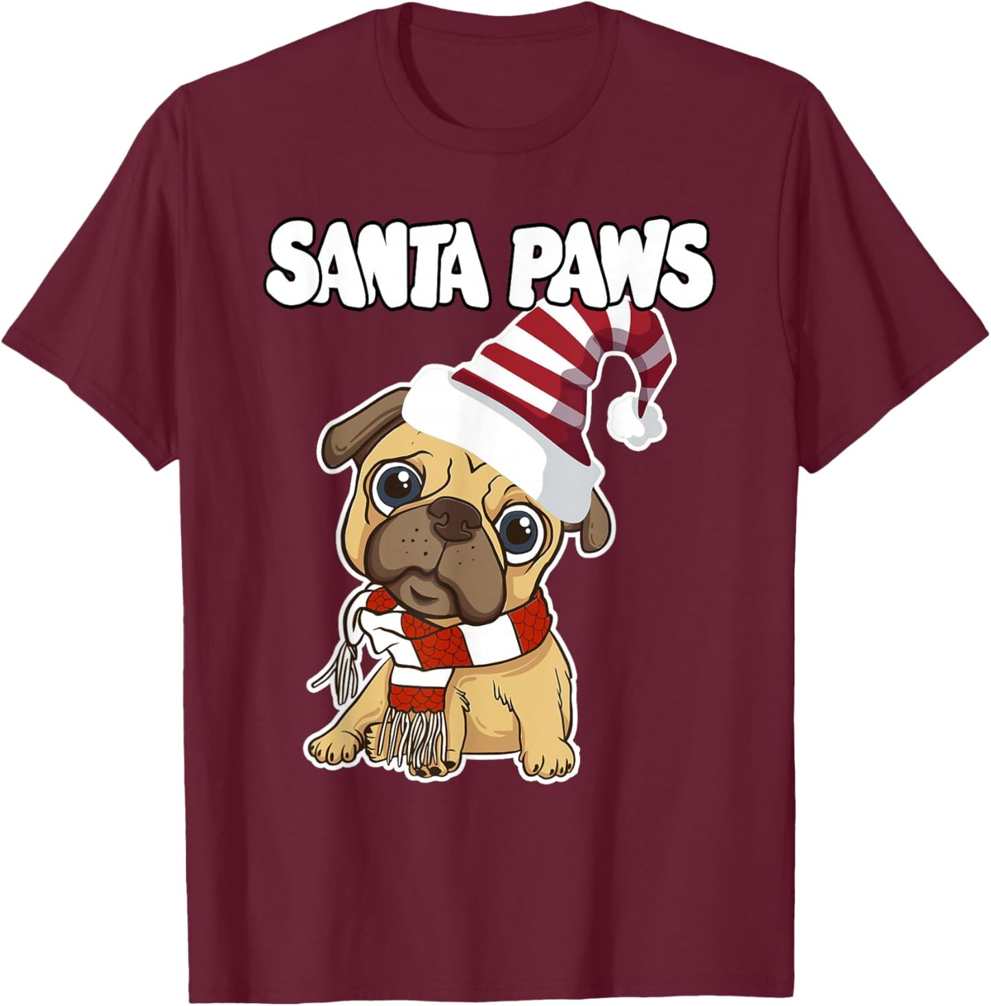 Pug Santa Paws Cute Christmas T-Shirt - T-Shirt | Maroon