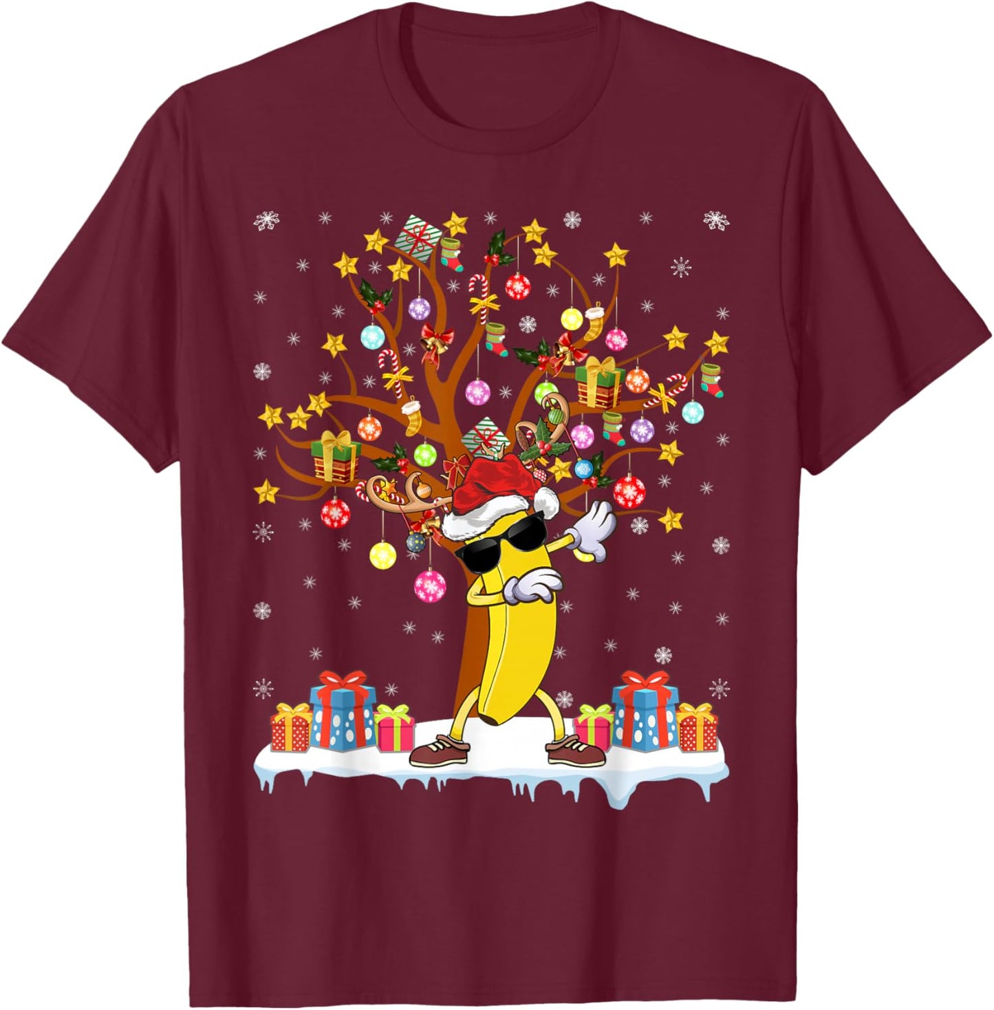 Banana Xmas Lighting Tree Santa Banana Christmas Tree T-Shirt - T-Shirt | Maroon