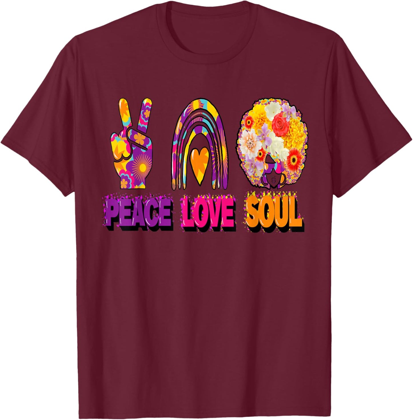 Peace Love and Soul Groovy Hippie Retro Sign Heart Afro T-Shirt - T-Shirt | Maroon