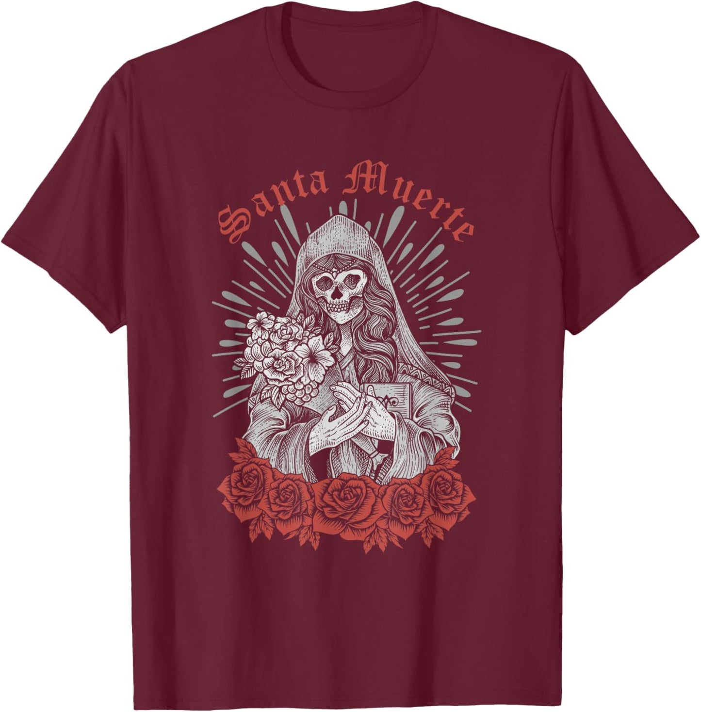 Santa Muerte Mexican Female Deity Dead Sugar Skull Satanic T-Shirt - T-Shirt | Maroon