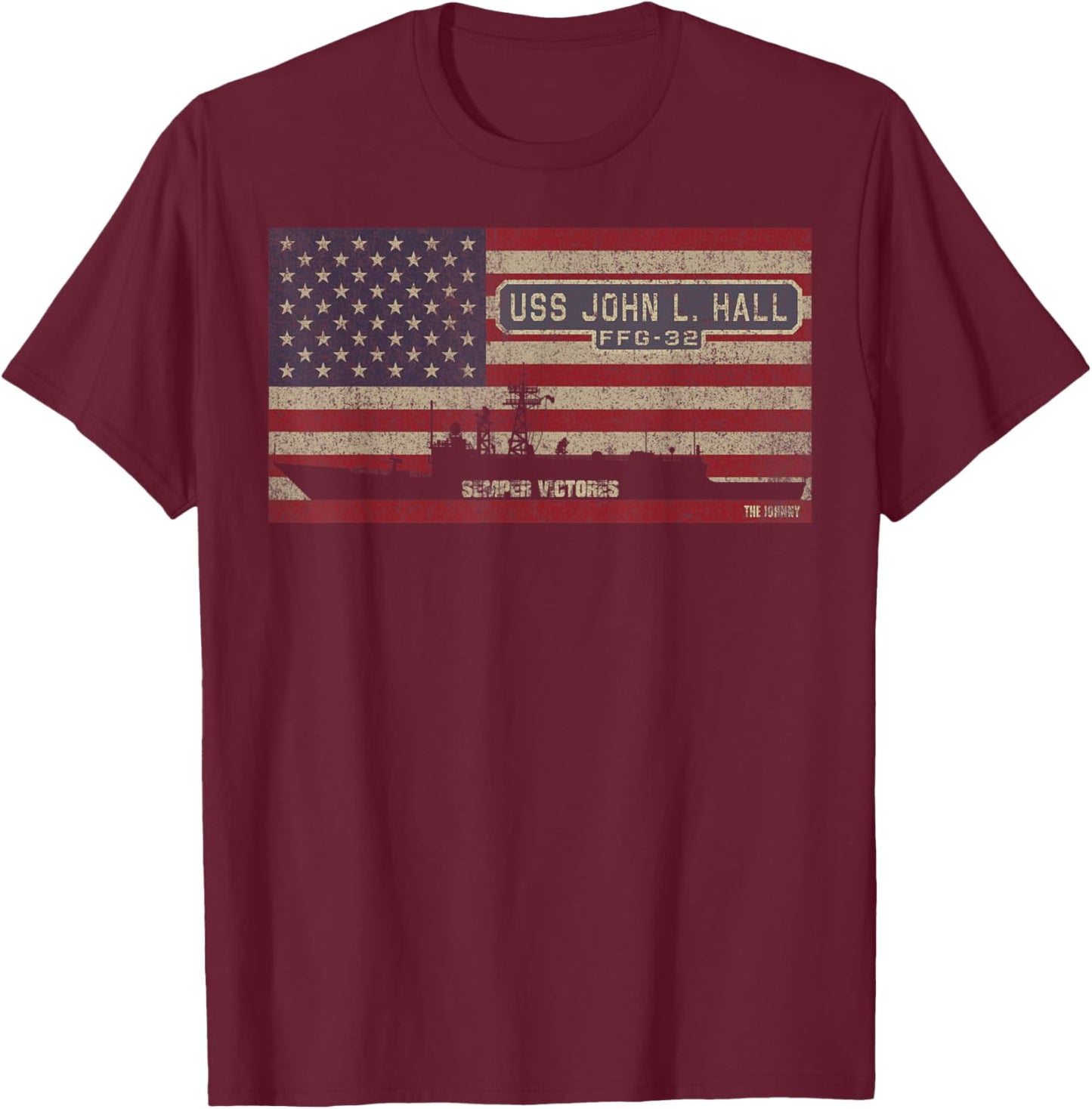 USS John L Hall FFG-32 Frigate Ship USA American Flag T-Shirt - T-Shirt | Maroon