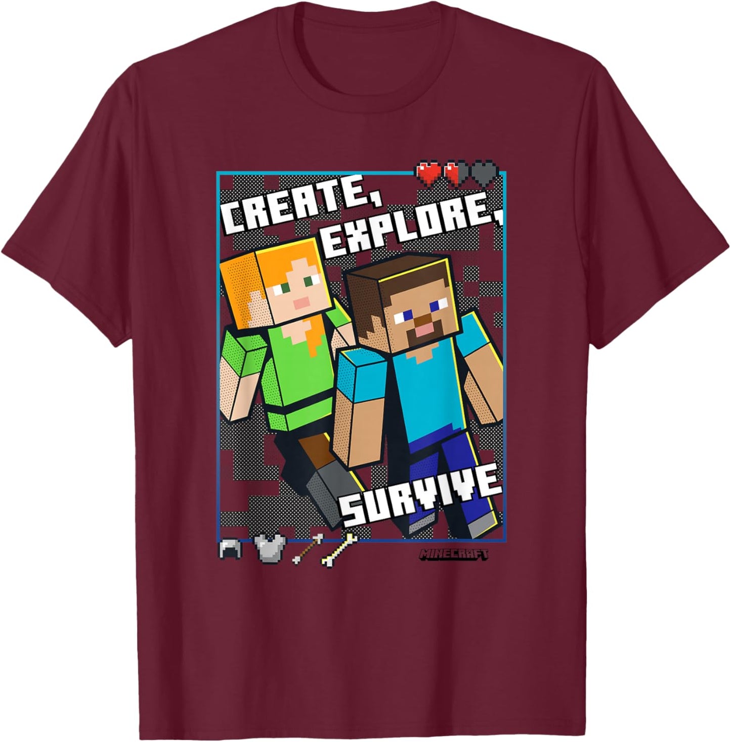 Minecraft Steve and Alex Create Explore Survive Box Up T-Shirt - T-Shirt | Maroon