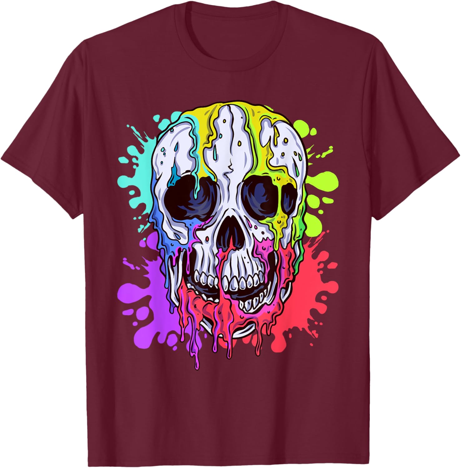 Melting Skull Colorful Paint Drip Graphic T-Shirt - T-Shirt | Maroon