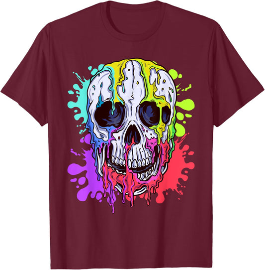 Melting Skull Colorful Paint Drip Graphic T-Shirt - T-Shirt | Maroon