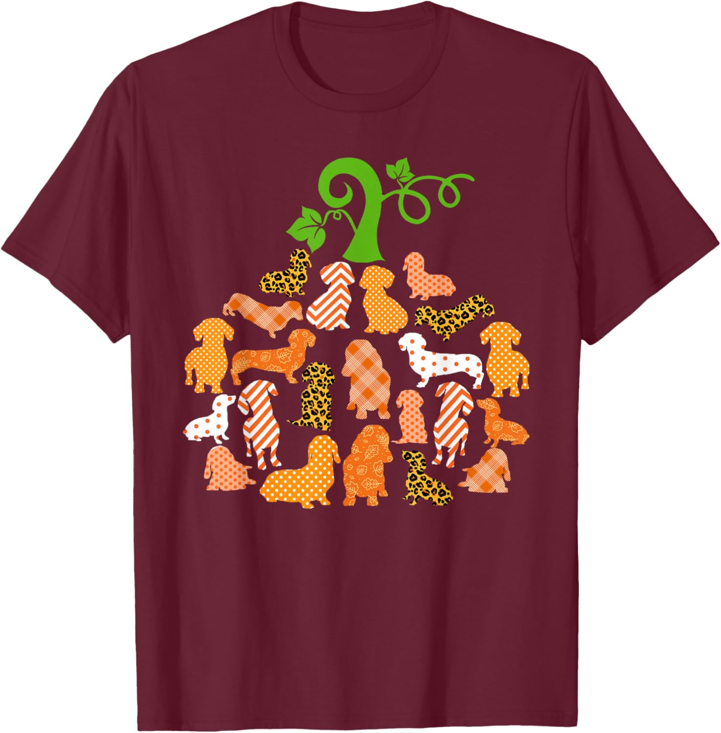 Dachshund Pumpkin Shape Plaid Leopard Dog Autumn Halloween T-Shirt - T-Shirt | Maroon