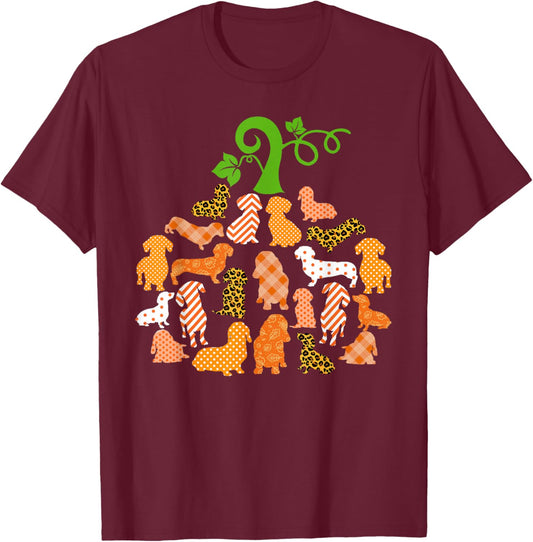 Dachshund Pumpkin Shape Plaid Leopard Dog Autumn Halloween T-Shirt - T-Shirt | Maroon