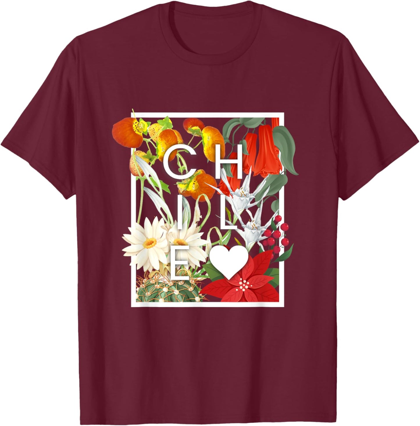 Flowers of Chile Word Art - Chilean Pride T-Shirt - T-Shirt | Maroon