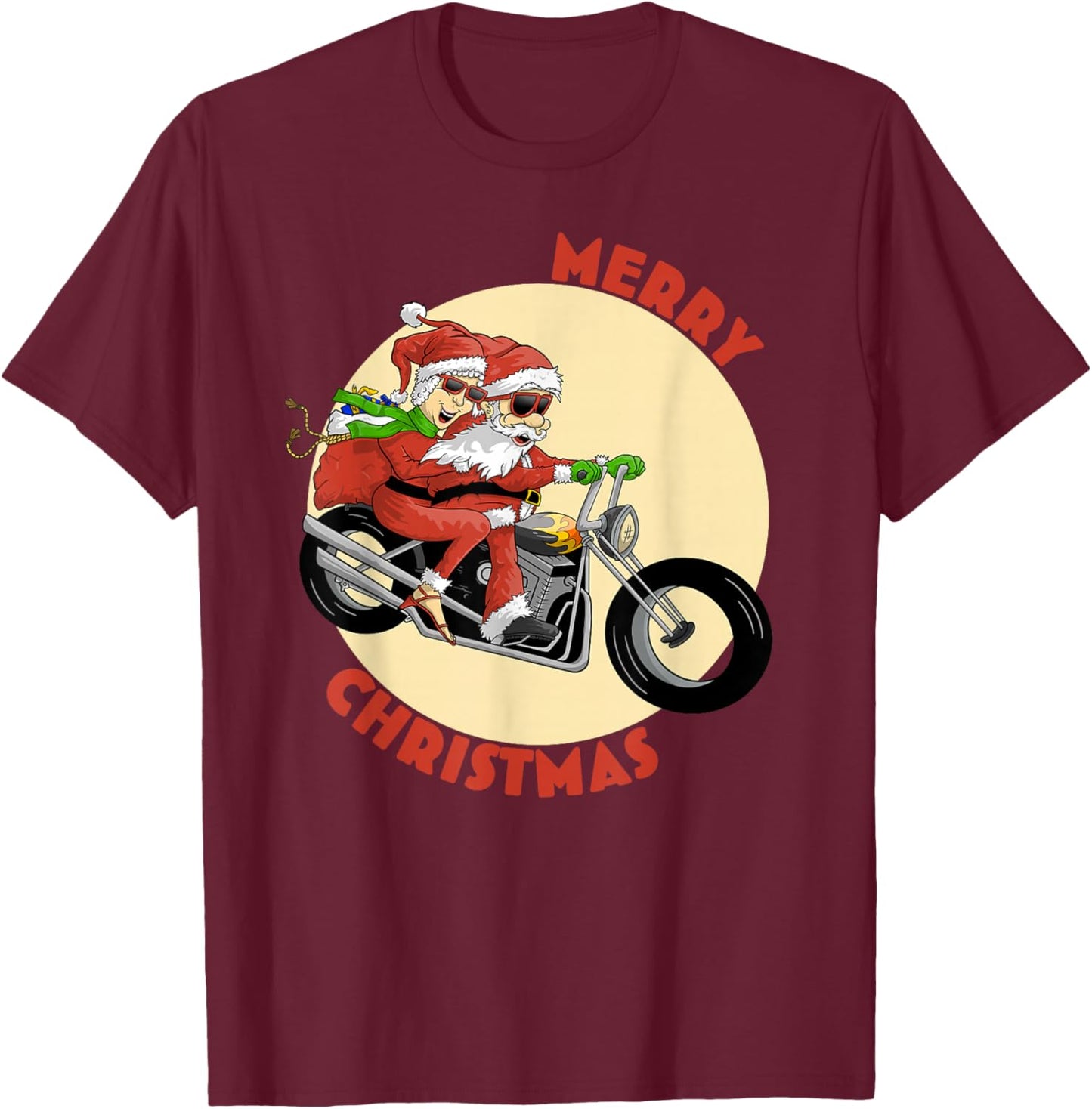 Mr and Mrs Claus on Motorcycle Christmas for Biker Couples T-Shirt - T-Shirt | Maroon