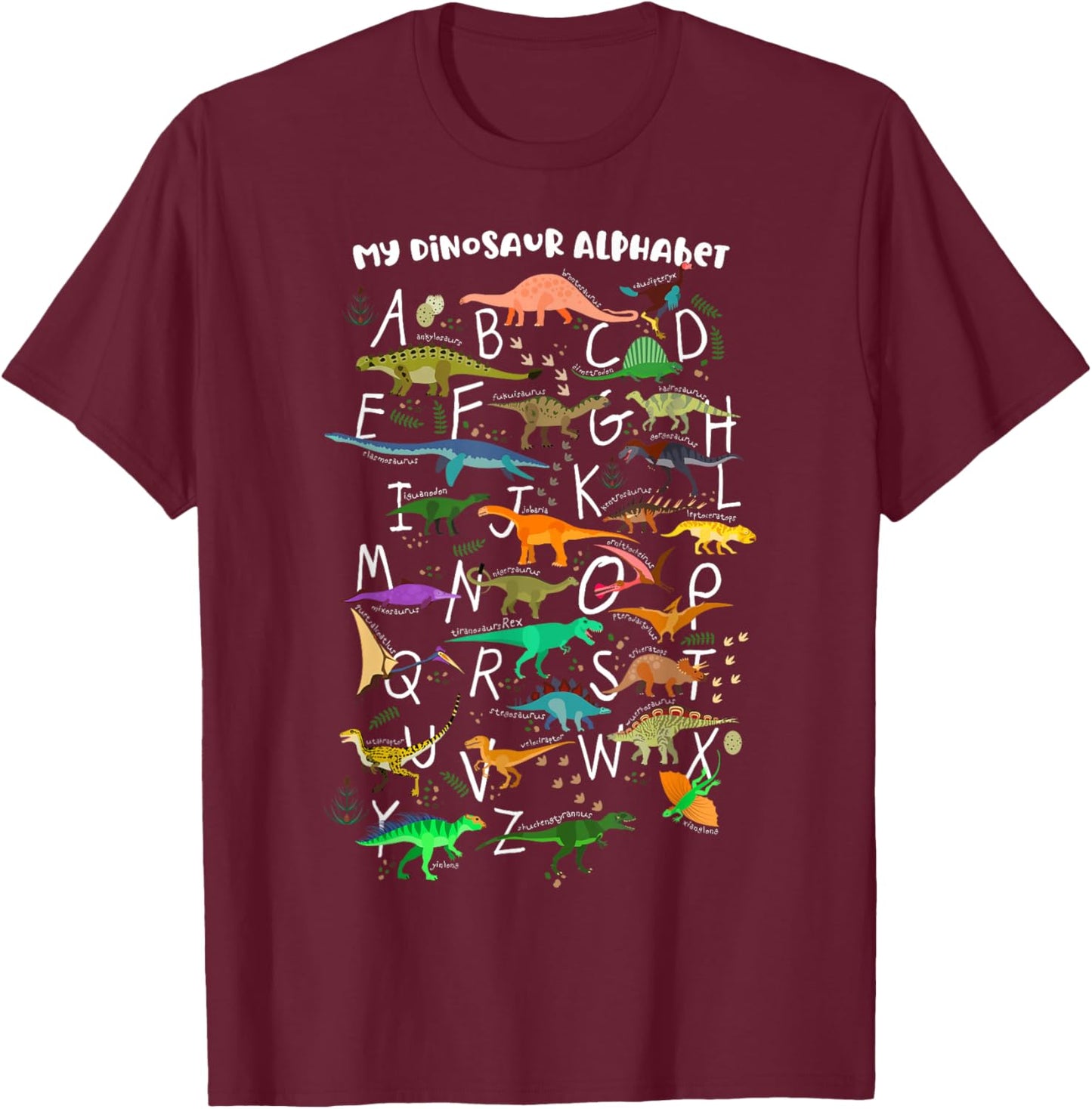 ABC Dino Identification A-Z Types Of Dinosaurs Alphabet T-Shirt - T-Shirt | Maroon