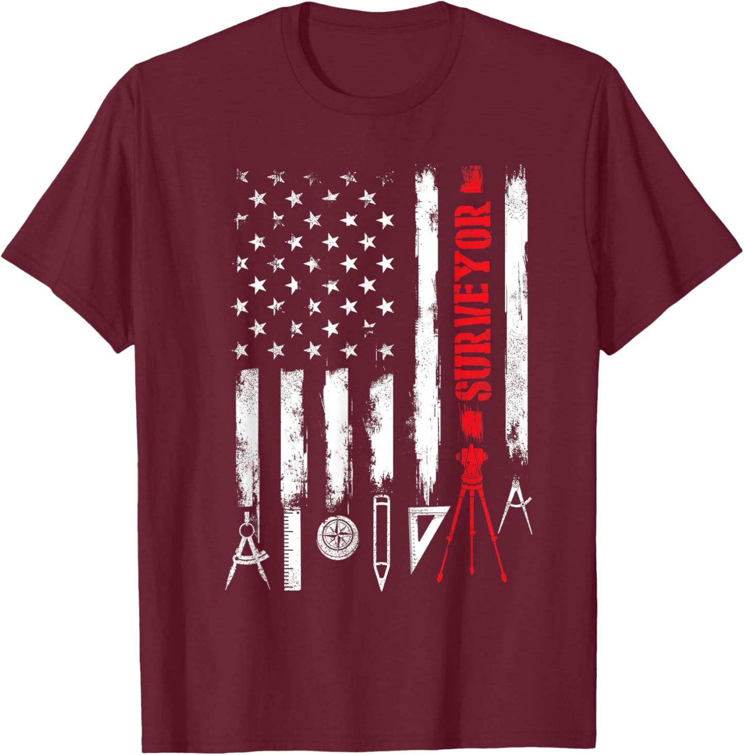 Patriotic USA Flag Land Surveyor Land Examiner Cartographer T-Shirt - T-Shirt | Maroon