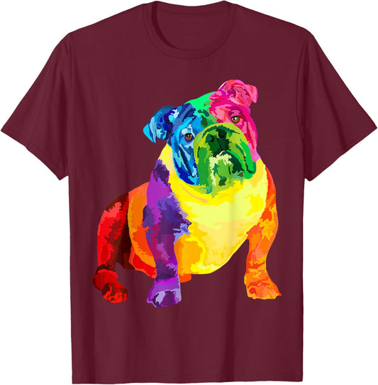 Dog Lover Gifts Colorful Cool English Bulldog T-Shirt - T-Shirt | Maroon