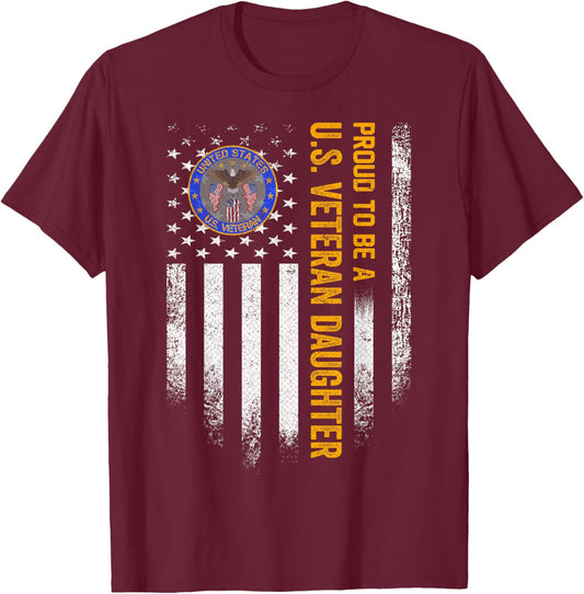 Vintage USA Flag Proud To Be A US Military Veteran Daughter Men T-Shirt - T-Shirt | Maroon