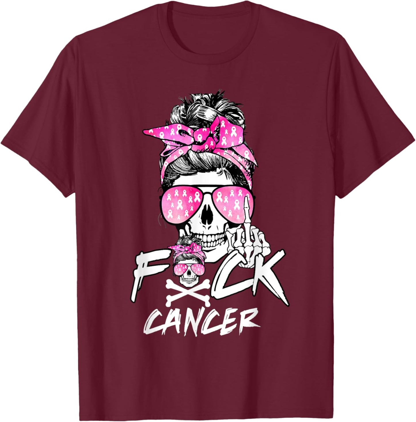 Fuck Breast Cancer Women Warrior Pink Ribbon Messy Bun Hair T-Shirt - T-Shirt | Maroon