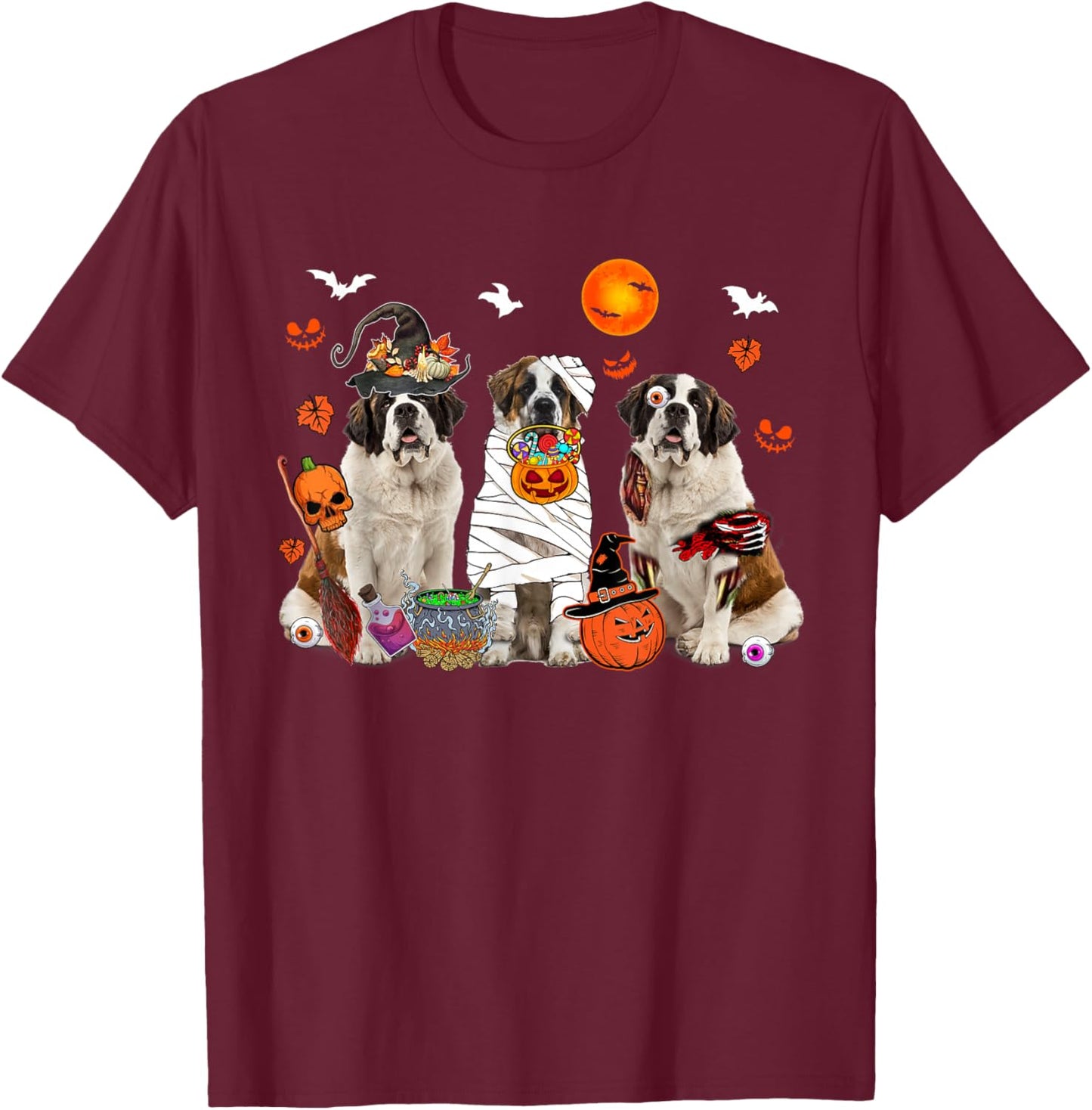 Three St. Bernard Dogs Witch Scary Mummy Halloween Zombie T-Shirt - T-Shirt | Maroon