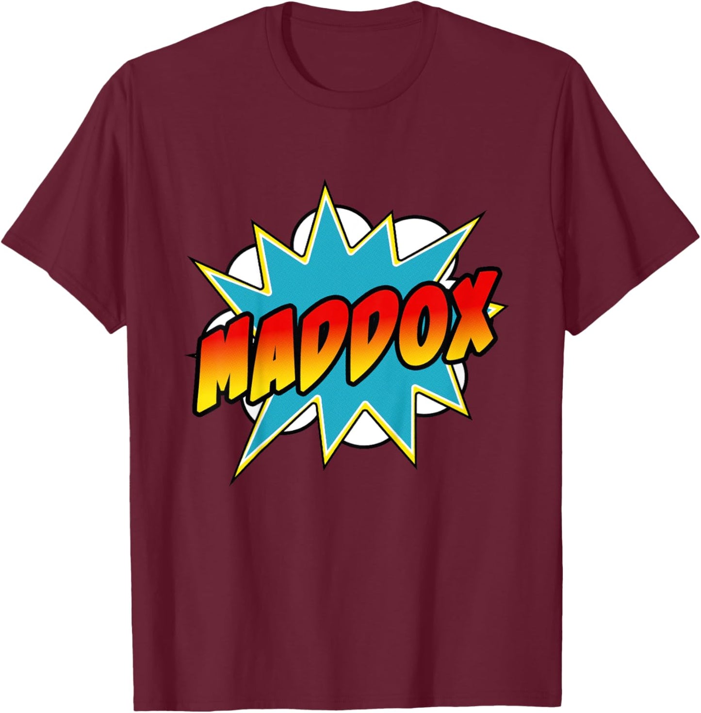 Kids Boys Maddox Name Comic Book Superhero T-Shirt - T-Shirt | Maroon