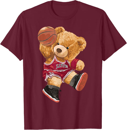 Cute Teddy Bear Playing Basketball Small T-Shirt - T-Shirt | Maroon