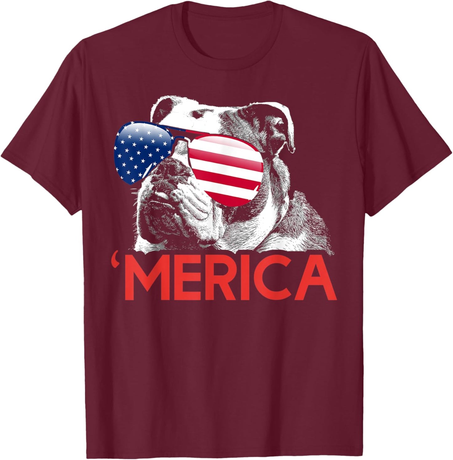 Merica Bulldog American Flag 4th of July T-Shirt - T-Shirt | Maroon