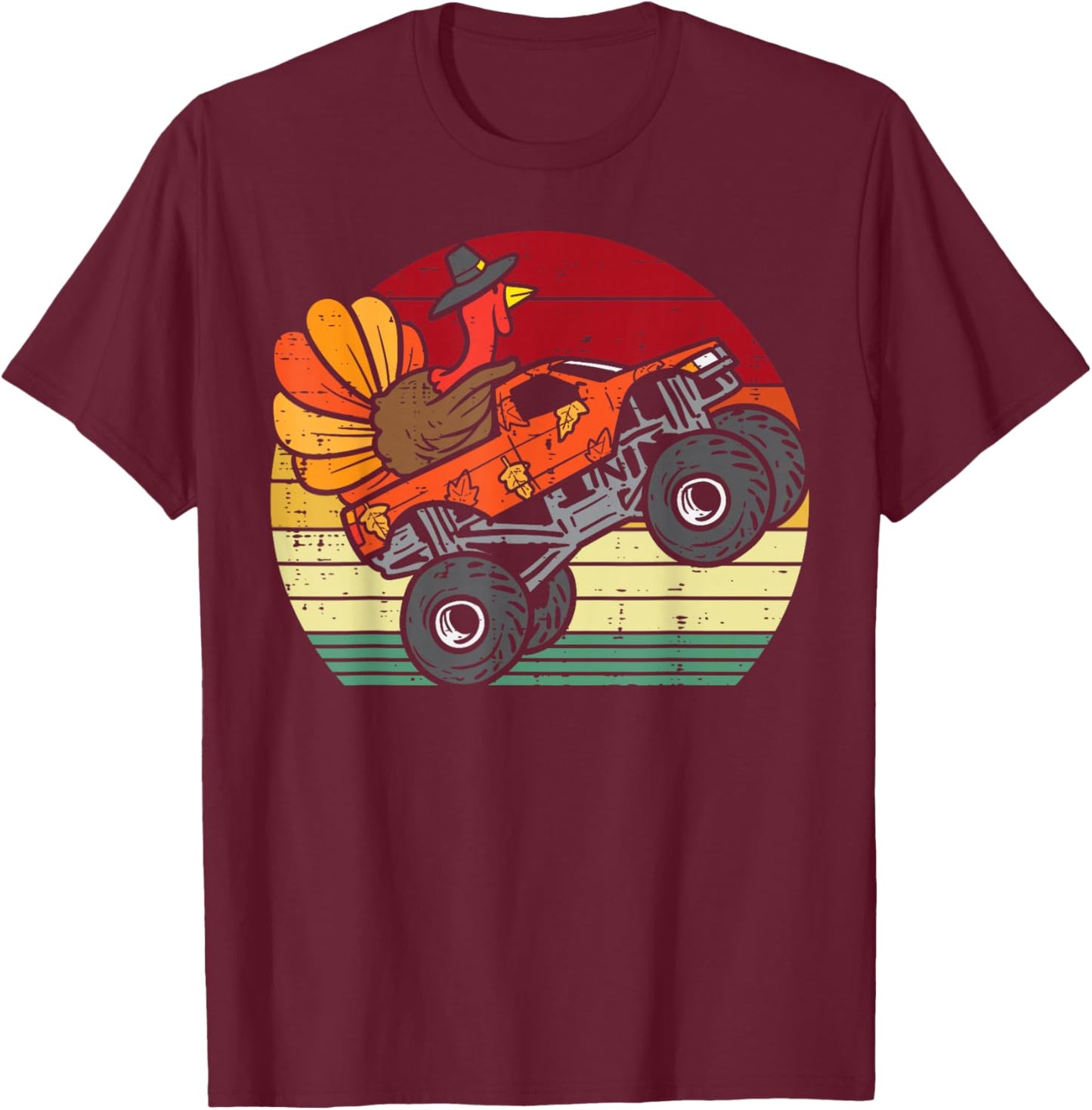 Monster Truck Turkey Sunset Retro Thanksgiving Boys Kids T-Shirt - T-Shirt | Maroon