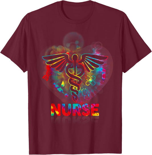 Nurse 365 Proud Nurse Tie Dye Caduceus Heartbeat Medical T-Shirt - T-Shirt | Maroon