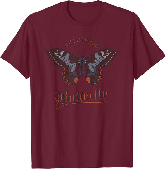 Antisocial Butterfly Grunge Fairycore Aesthetic Introvert T-Shirt - T-Shirt | Maroon