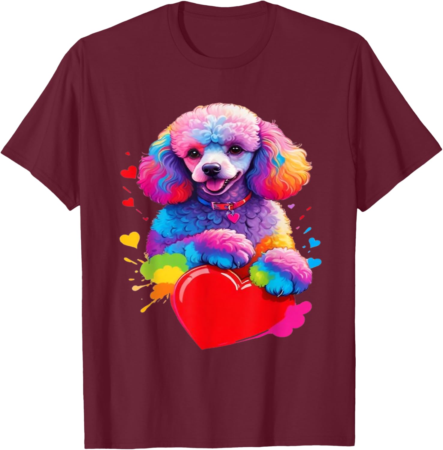 Poodle Shirt - Colorful Poodle Heart Graphic T-Shirt - T-Shirt | Maroon