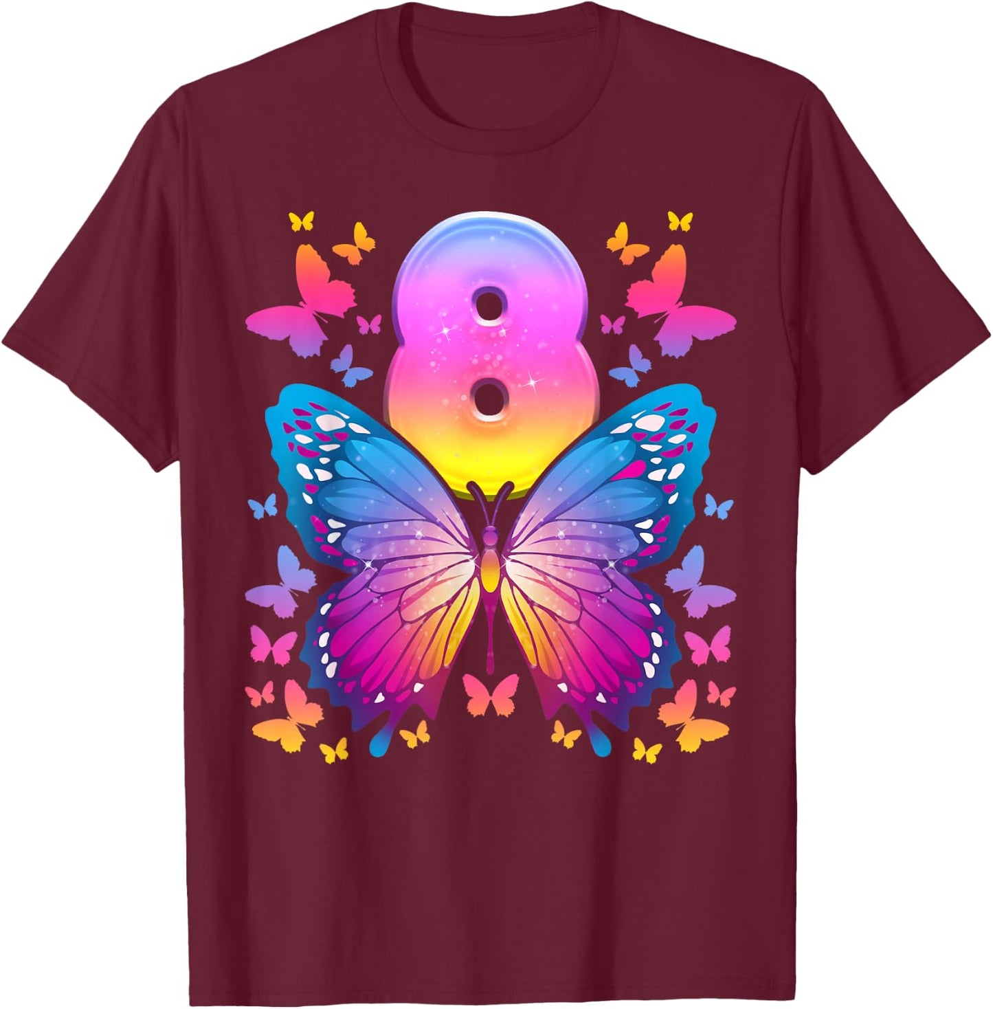 8th Birthday Girl 8 Years Butterfly Number 8 T-Shirt - T-Shirt | Maroon