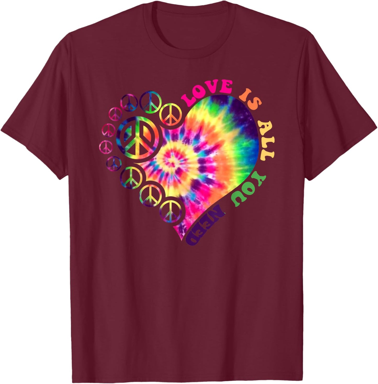 Peace Sign Love 60s 70s Tie Dye Hippie Halloween Costume T-Shirt - T-Shirt | Maroon