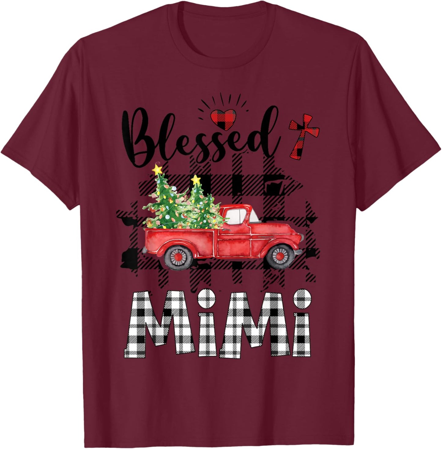 Funny Blessed Mimi Claus Buffalo Plaid Red Truck Christmas T-Shirt - T-Shirt | Maroon