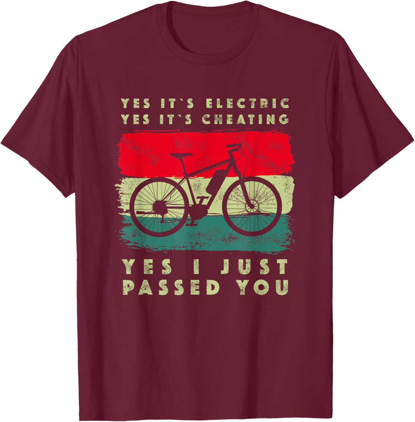 E-Bike Electric Bike Retro Outfit Gifts -Adults Black Small Graphic Short Sleeve Classic Fit Pull On Retro Cycling Accessory T-Shirt - T-Shirt | Maroon