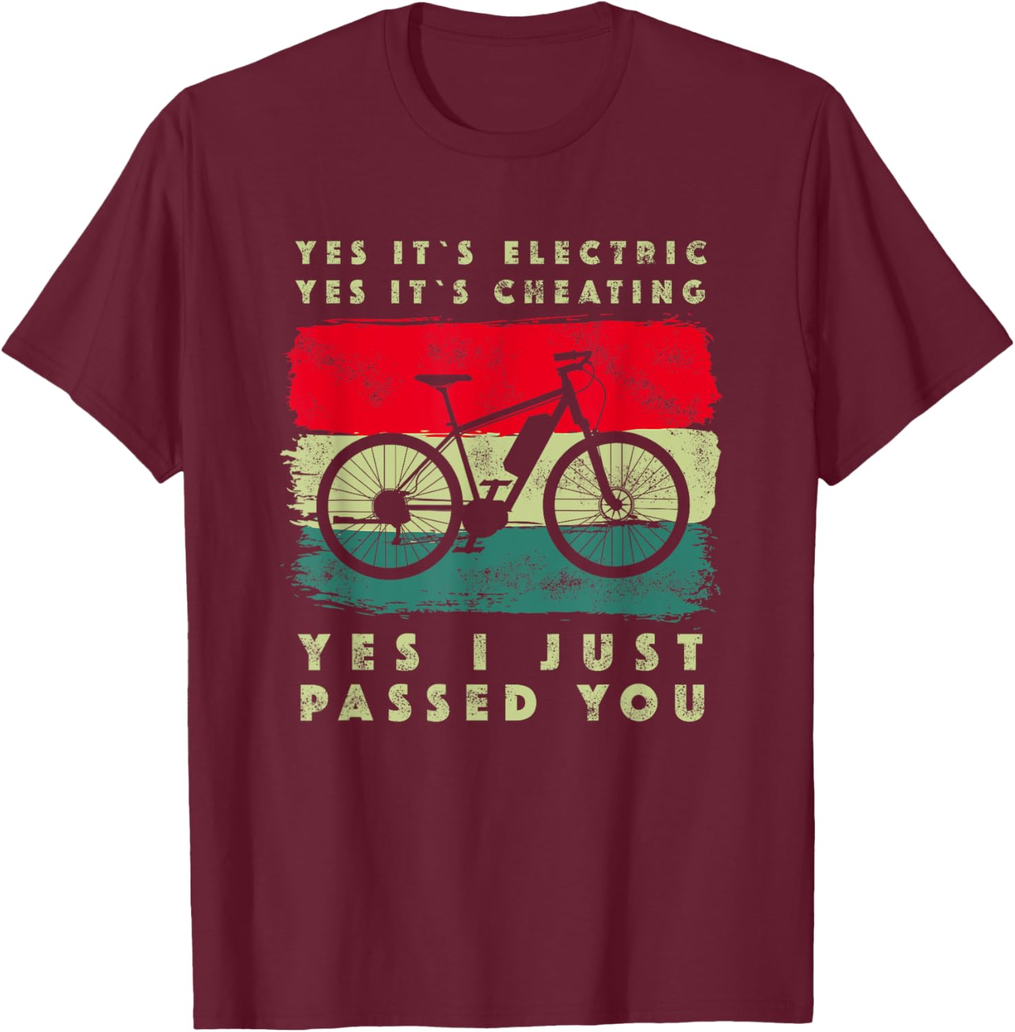 E-Bike Electric Bike Retro Outfit Gifts -Adults Black Small Graphic Short Sleeve Classic Fit Pull On Retro Cycling Accessory T-Shirt - T-Shirt | Maroon