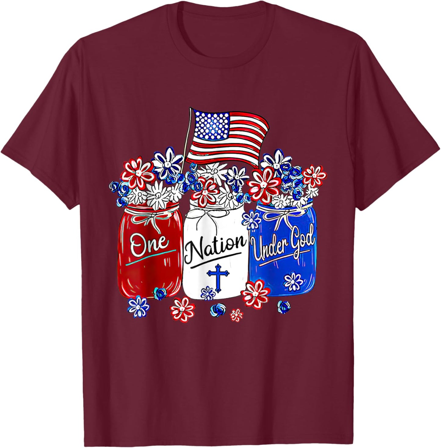 One Nation Under God American Flag Christian Jesus Patriotic Men T-Shirt - T-Shirt | Maroon