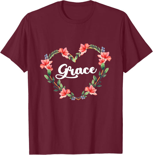 Grace Flowers Heart Personalised Name Grace T-Shirt - T-Shirt | Maroon