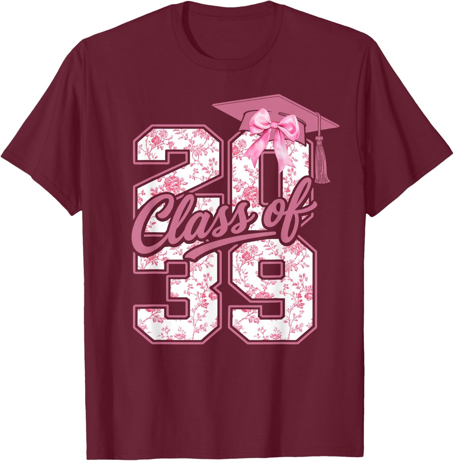 Class of 2039 Grow with Me Graduation Pink Coquette Bow Girl T-Shirt - T-Shirt | Maroon