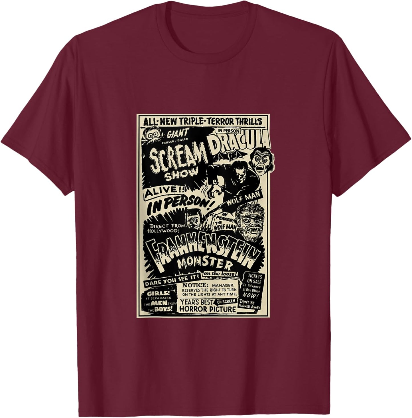 Horror Movie Monster Mummy Dracula Werewolf Frankenstein T-Shirt - T-Shirt | Maroon