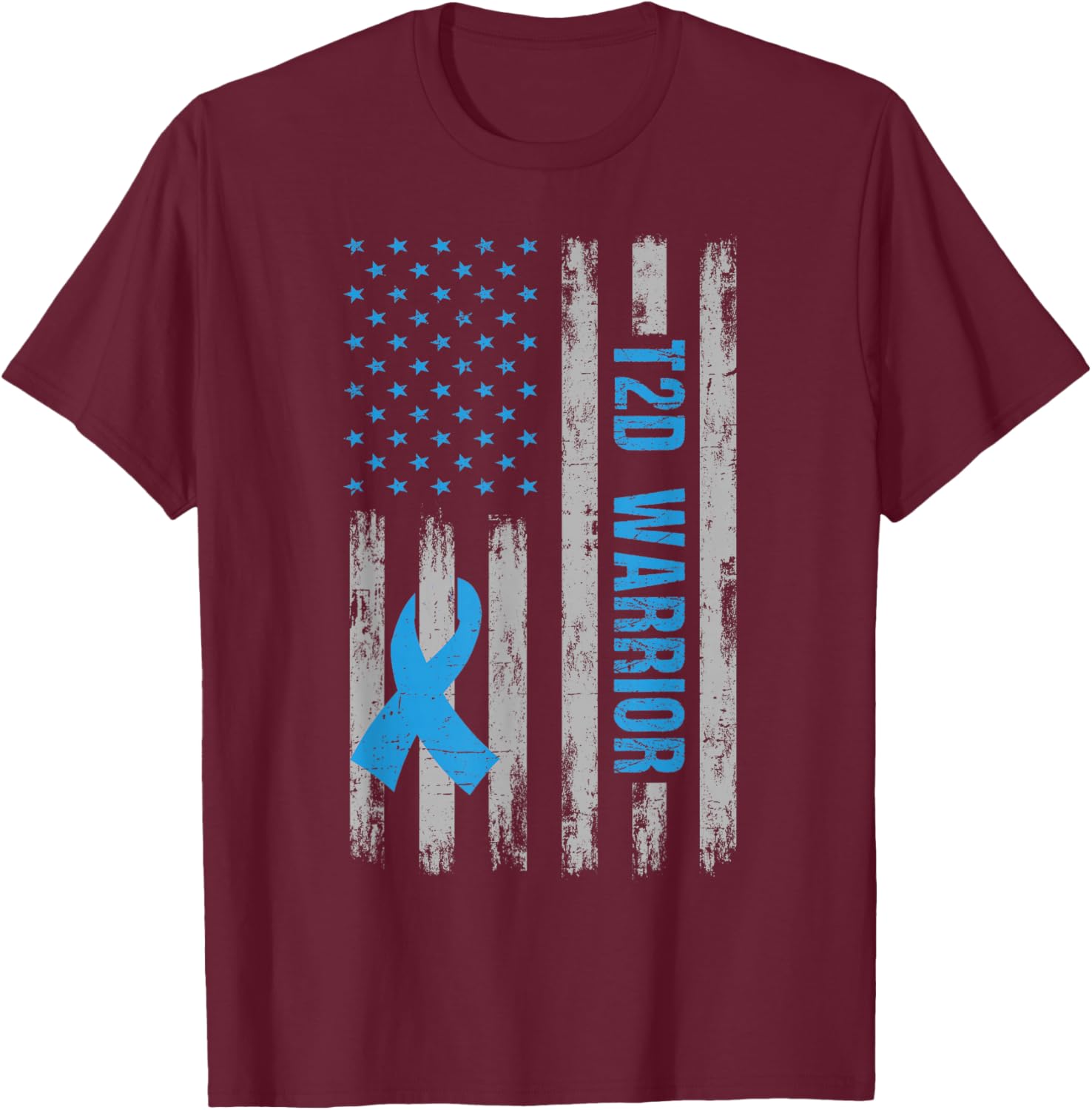 T2D Warrior Awareness American Flag Diabetic Diabetes Type 2 T-Shirt - T-Shirt | Maroon