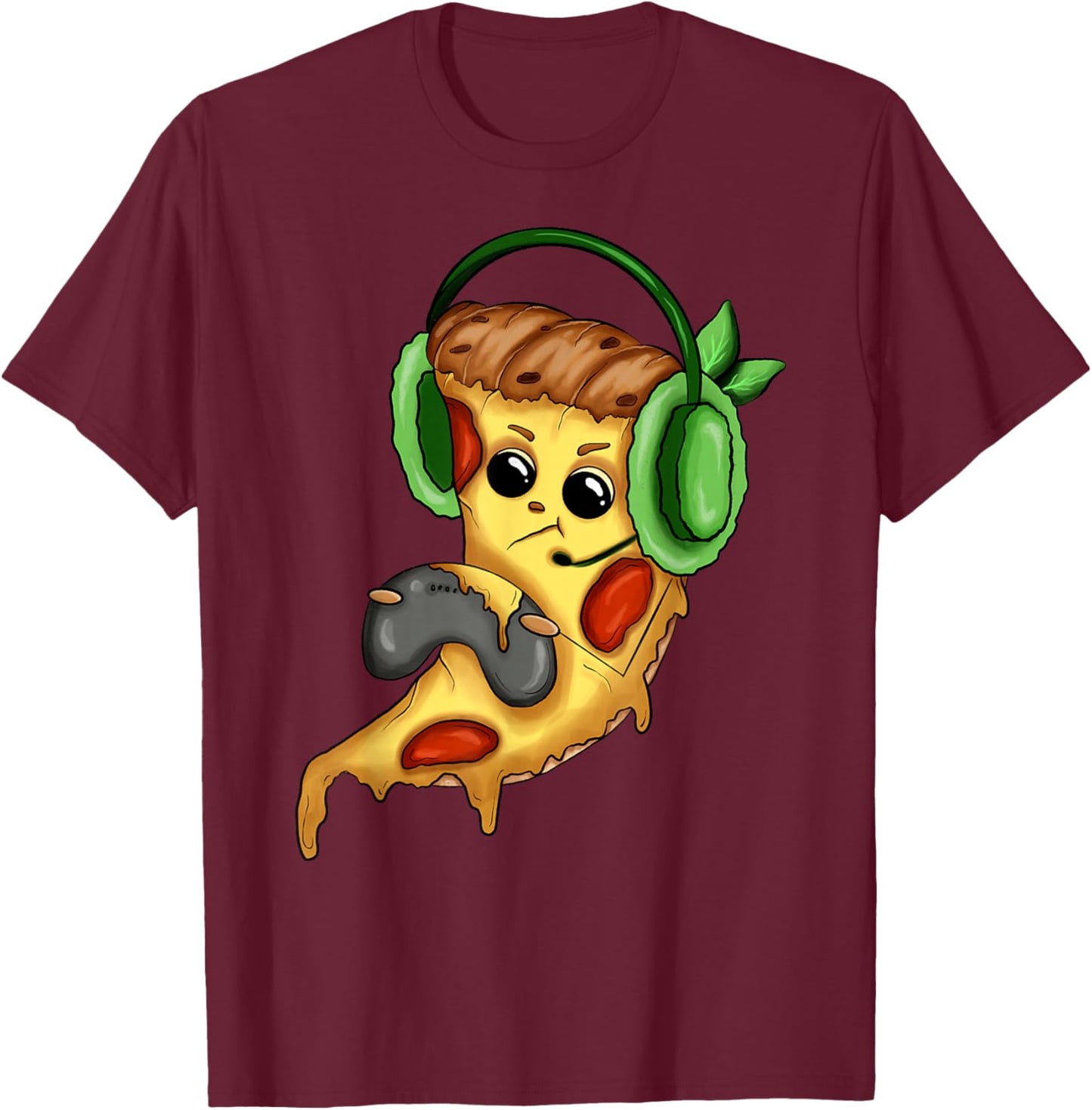 Pizza Gamer Love Play Video Games Funny Controller Headset T-Shirt - T-Shirt | Maroon