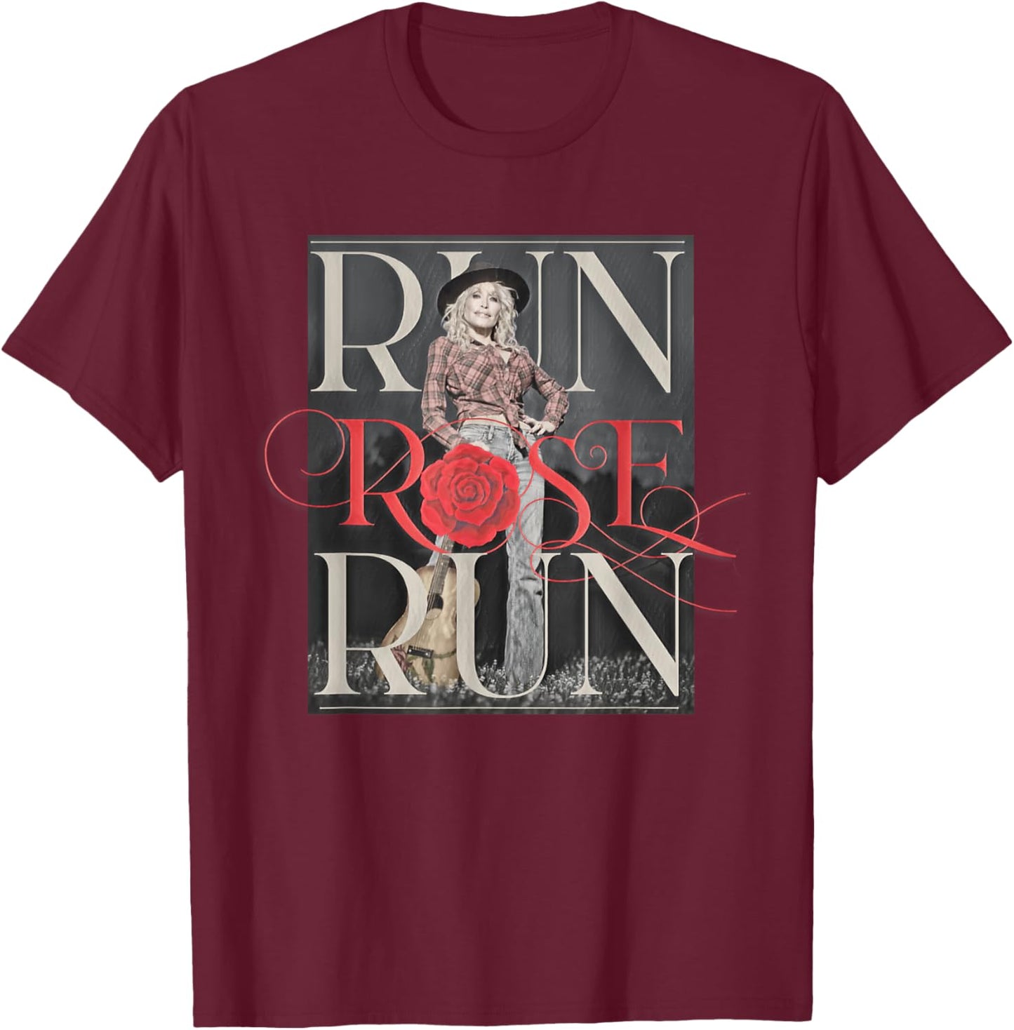 Run Rose Run Guitar Dolly Parton T-Shirt - T-Shirt | Maroon