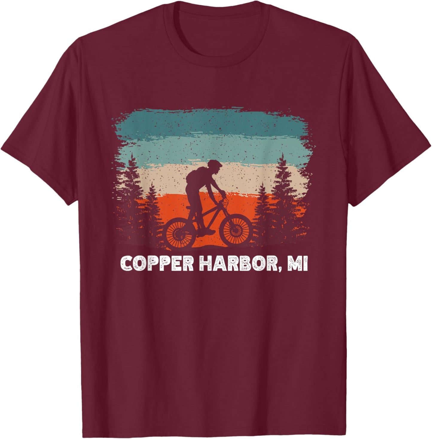 Mountain Bike Retro Sunset Vintage Copper Harbor, MI T-Shirt - T-Shirt | Maroon