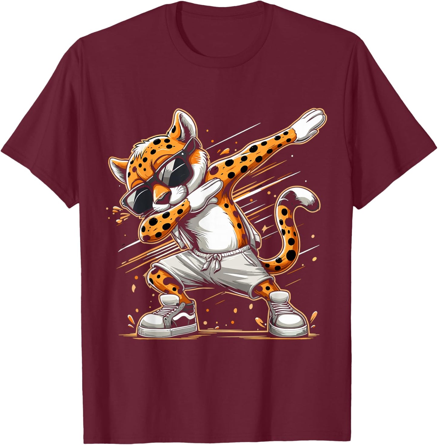 Dabbing Cheetah Wear Glasses Cute Funny Cheetah Animal , Small, Black T-Shirt - T-Shirt | Maroon